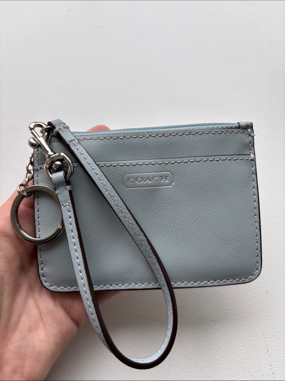 Coach Pale Blue Leather Wristlet Card Case with Key Ring
